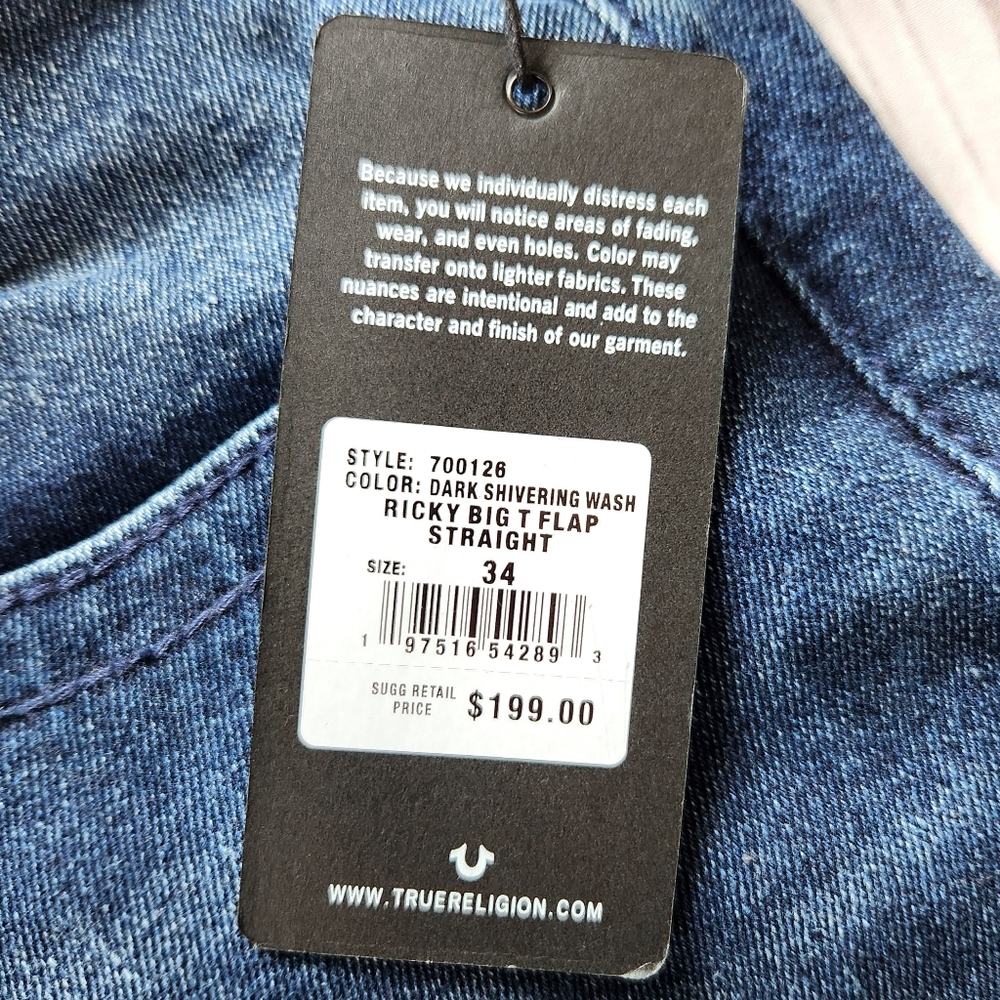 NWT True Religion "Ricky Big T Flap Straight" Leg Blue Jean | Men's Size 34x34 - Picture 8 of 12